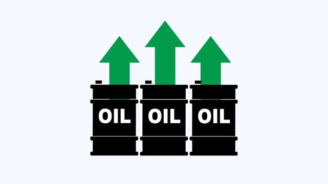 Three oil barrels with green arrows showing rising oil prices, perfect for finance, energy, or market concept visuals. Oil industry growth concept.