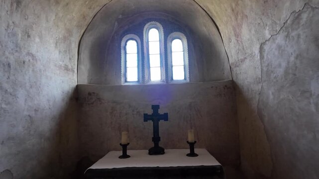 Artistic Architectural View Of The Ancient Romanesque Crypt And Stone Altars In St. Peter's Church, Petersberg