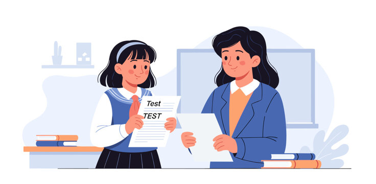Teacher Reviewing Test Paper with Female Student in Classroom Academic Success Cartoon Vector Illustration Design Scene