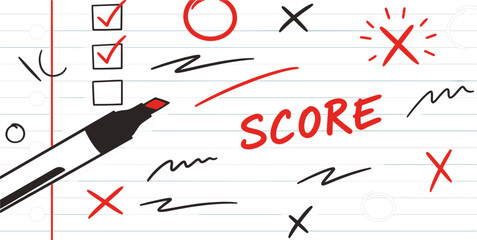 Exam Score Concept with Red Marker Pen Check Marks and Notebook Paper Background Vector Illustration Design © Md Monjurul