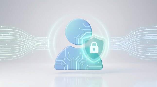 Digital identity protection concept with 3D human profile icon and security shield padlock on white background featuring glowing circuit lines for cyber safety and data privacy