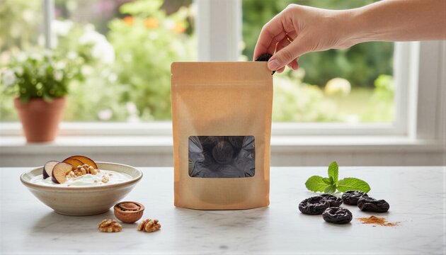 Healthy snack of dried prunes at a sunlit brunch