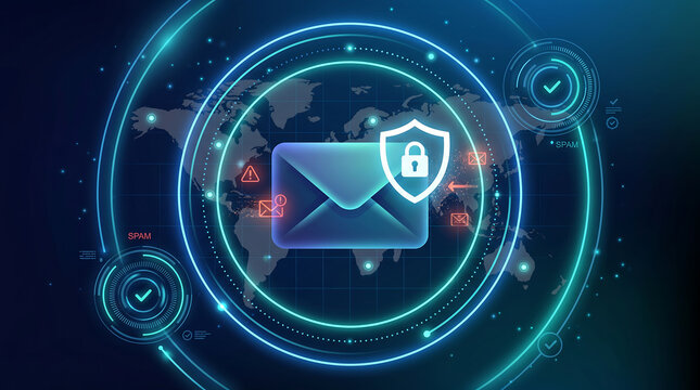 Secure email protection concept with digital envelope icon and shield padlock against global world map background with glowing blue rings representing cyber safety and spam filter