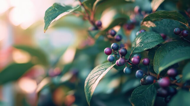 cherries hidden among fresh leaves, shallow depth of field