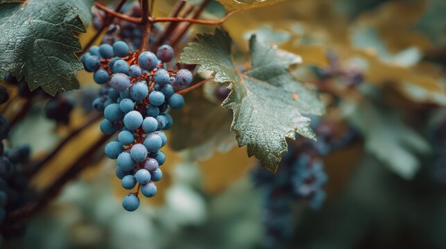 close focus on grape cluster behind leaves, soft light 