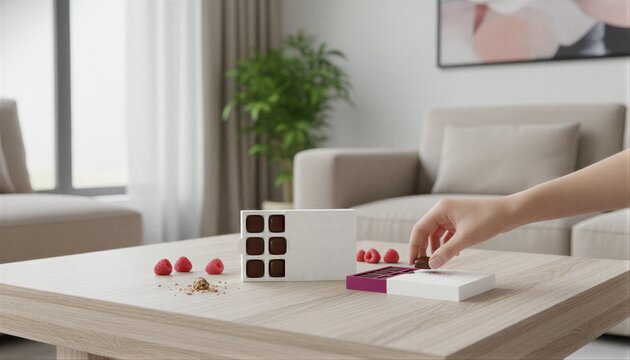 Modern white candy box on a living room table with fresh berry accents