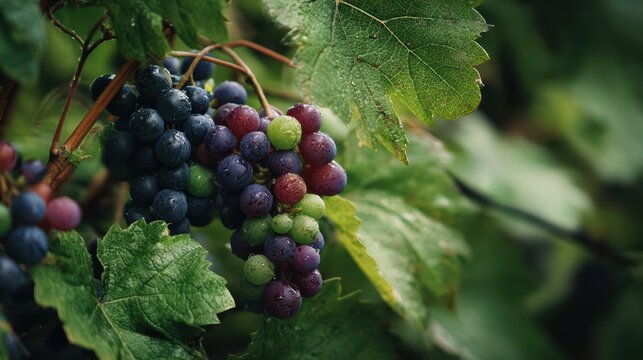 close-up grapes among vine leaves, juicy and fresh look 