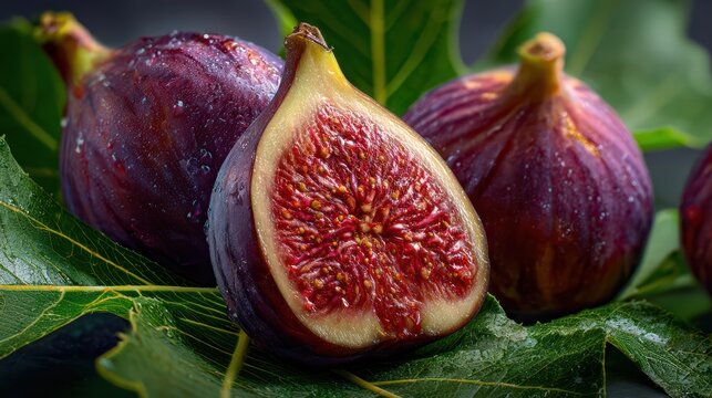 close-up juicy figs among leaves, appetizing and fresh