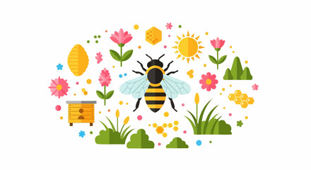 Naklejka premium Flat Design Honeybee and Beekeeping Illustration Set with Flowers, Honeycomb, and Nature Icons for Ecology and Apiculture Concepts