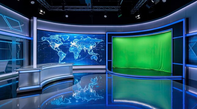 Modern news studio set with green screen and world map backdrop, ready to go.