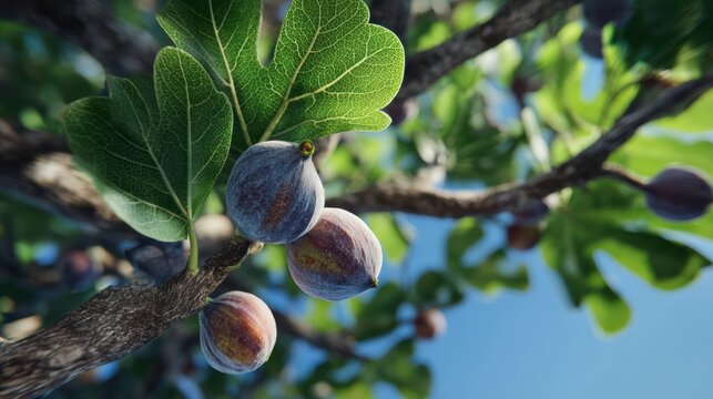 low angle fresh figs on tree, ultra realistic 