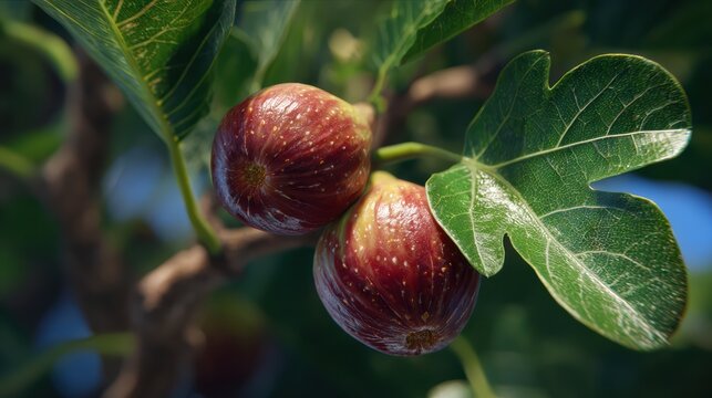 low angle fresh figs on tree, ultra realistic 