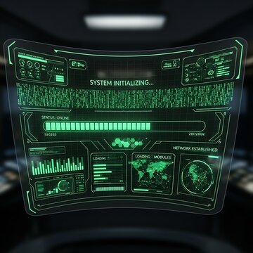 Futuristic holographic interface displays system initialization, data, and global network status