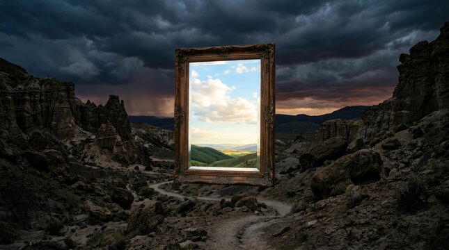 Dramatic landscape with frame showing another world, travel, nature and freedom.