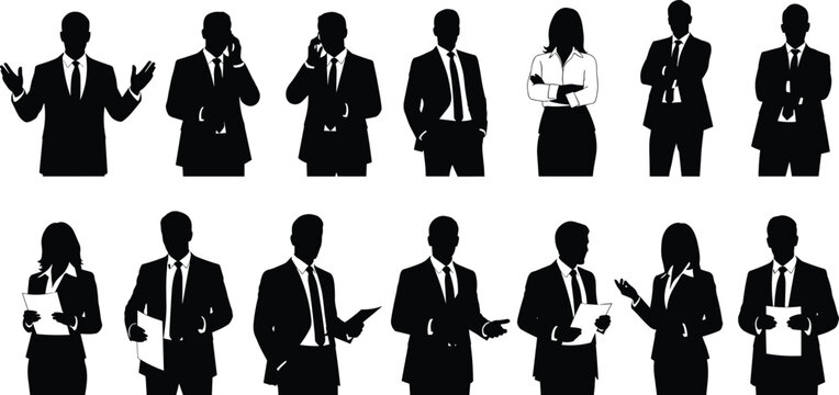 Business people silhouettes collection with professionals presenting talking and holding documents vector set isolated corporate characters for design
