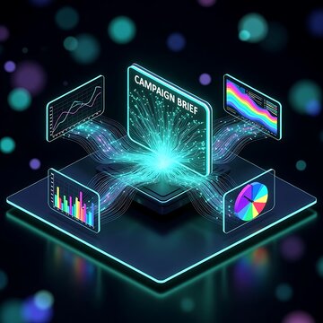 Futuristic digital campaign brief with data charts and glowing network connections.