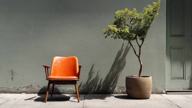 Single chair and potted plant, A chair and a potted plant positioned against a wall