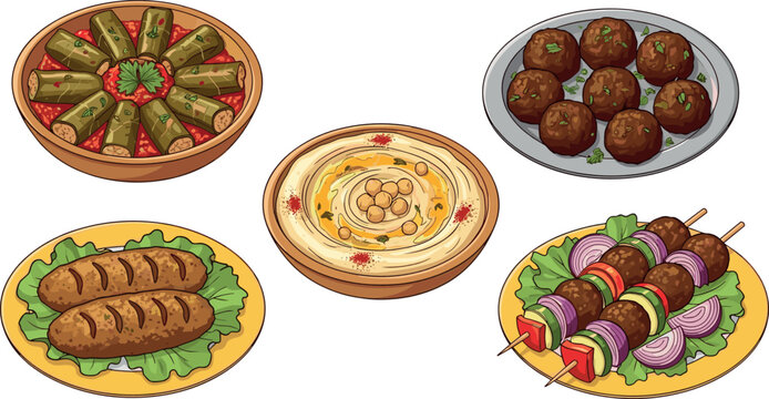 Cartoon Arabic Food Set Dolma Falafel Hummus Kebab Skewer Vector Illustration
