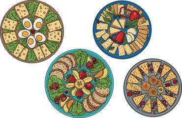 Naklejka premium Cheese Charcuterie Boards Eggs Fruits Crackers Top View Cartoon Set