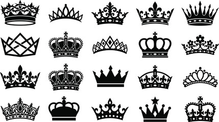 Crown silhouettes collection featuring royal tiaras and king queen crowns ornate icons isolated on white background © MstMunmun