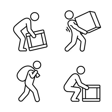 Stick Figure Manual Labor and Safe Lifting Posture Line Icon Set