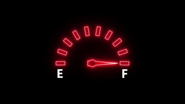 Abstract glowing neon red colours bike fuel meter with fuel end and full writing animation on black background.