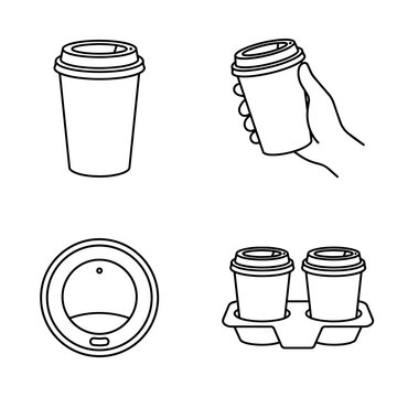 Takeaway Coffee Paper Cup and Cup Carrier Line Icon Set