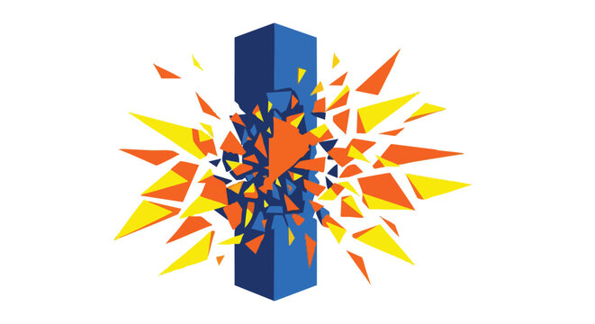 Bold business transformation and market disruption concept featuring a corporate monolith shattering into dynamic creative shards for high-impact B2B brand strategies.