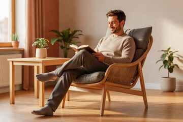 Fototapeta premium Relaxed Man Reading a Book While Seated in a Modern Wooden Armchair within a Cozy Minimalist Living Room