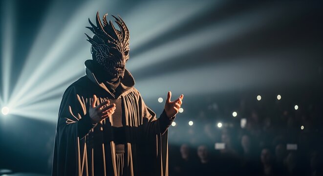 Enigmatic Figure in Ornate Dragon Mask and Cloak on Stage Under Dramatic Spotlight