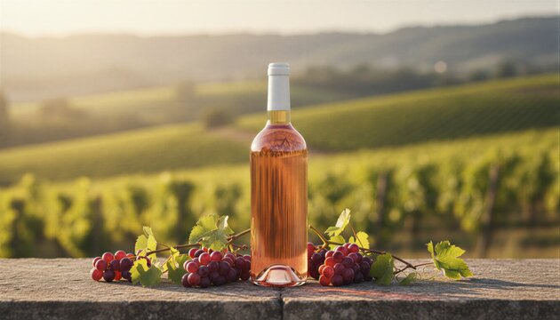 Pale ros&eacute; wine bottle set against a sunlit vineyard with fresh grape clusters
