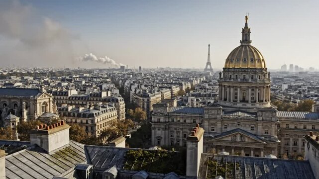 Panoramic high angle view of Paris cityscape with the Eiffel Tower and golden dome during daylight