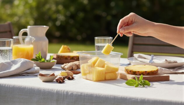 Person reaching for fresh pineapple chunks at outdoor brunch