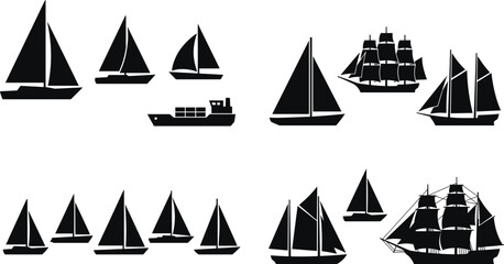 Sailboat and ship silhouettes collection with yacht cargo and vintage sailing vessels vector set isolated marine design elements © MstMunmun