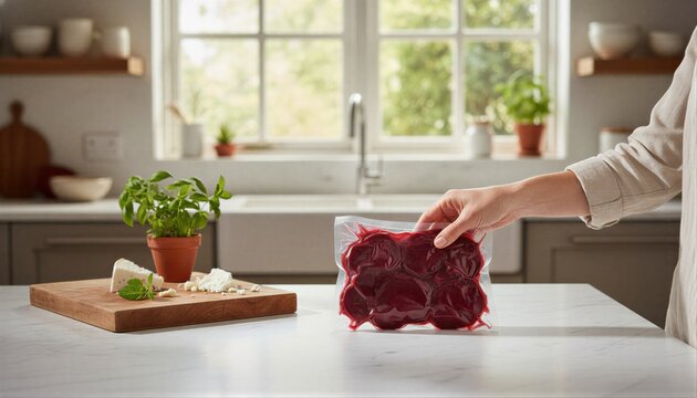 Person reaching for sliced red beets on kitchen counter