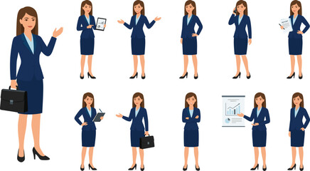 Fototapeta premium Professional Business Woman Character Set in Various Poses Including Presenting Working Calling and Holding Briefcase for Corporate Office Design