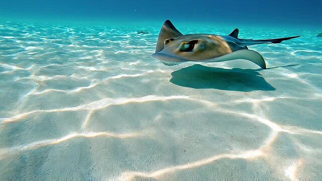 Octopus in the ocean, panning over to a stingray swimming, mp4 video. AI