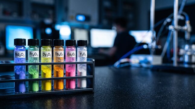Colorful rare earth mineral powder samples in small glass vials , tech-blue high-tech research laboratory