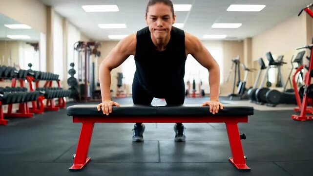 Woman doing pushers on gym bench indoors in 4k stock footage.