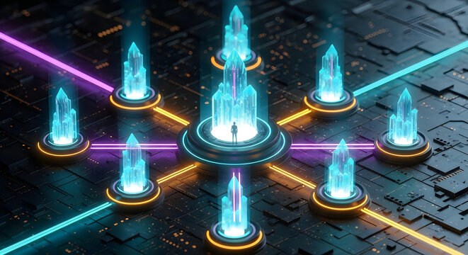 futuristic glowing water fountains with neon laser lights on urban pavement