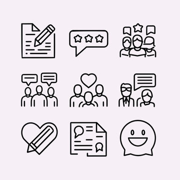 detailed feedback icon set in line style, minimal outline symbols for user reviews ratings comments checkmarks and survey elements, ideal for ui design mobile application.................