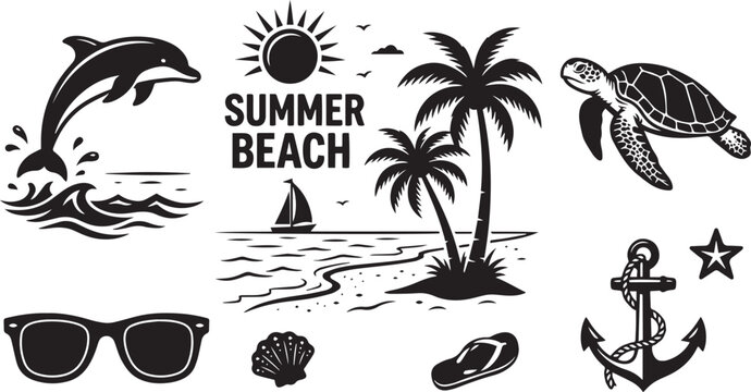 vector shell palm vacation anchor ocean dolphin sun beach star tree