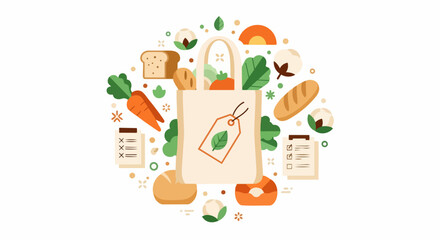 Fototapeta premium Eco-Friendly Grocery Shopping Illustration with Reusable Canvas Tote Bag, Fresh Produce, and Shopping Lists on White Background