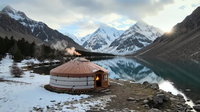 Scenic time-lapse of a yurt on the shore of a glacial lake in the mountains, with a warm fire inside and smoke rising from the chimney.