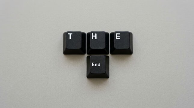 Keyboard keys spelling out the words 'The End' on a gray surface
