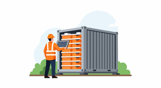 Engineer inspecting a containerized battery energy storage system (BESS) for renewable energy power grid