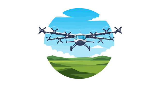 Futuristic Electric Air Taxi eVTOL Flying Over Green Landscape, Modern Sustainable Urban Air Mobility Concept, Vector Illustration on White Background
