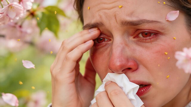 Woman suffering from spring allergy and hay fever with itchy red eyes and runny nose. Sick female patient holding tissue near blossoming cherry trees. Chronic seasonal health symptom.