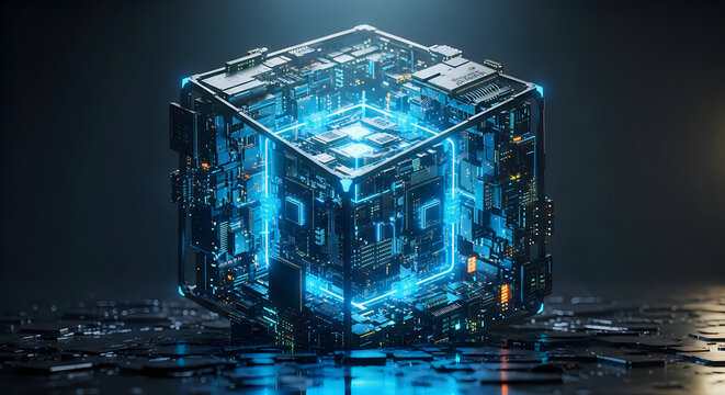 futuristic glowing data cube with digital circuit network in dark environment