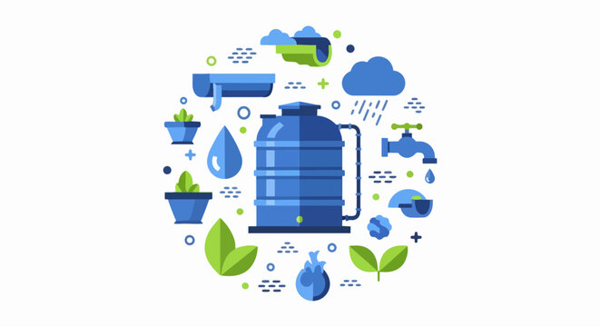 Sustainable Rainwater Harvesting and Water Conservation Concept Vector Illustration with Storage Tank and Eco Symbols